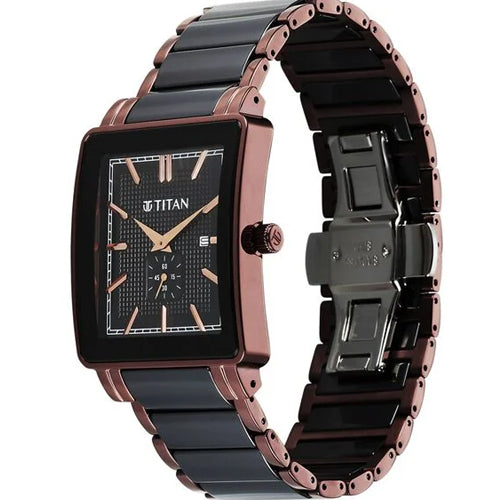 Titan Regalia Shaped Ceramic Quartz Analog with Date Black Dial Steel & Ceramic Strap Watch For Men 33.8mm 90013KD06