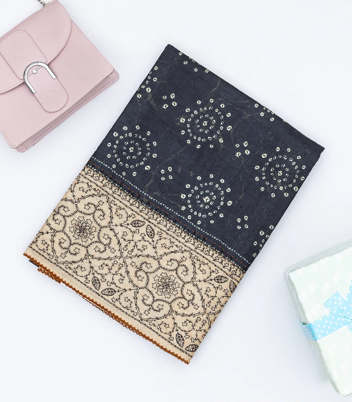 Black Handloom Tussar Silk Saree Printed With Dotted Motifs