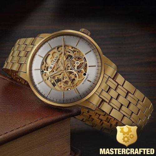 Titan Golden Heart Skeletal Automatic Analog with Silver Dial Yellow Gold Stainless Steel Strap Watch for Men 44mm 90110YM01
