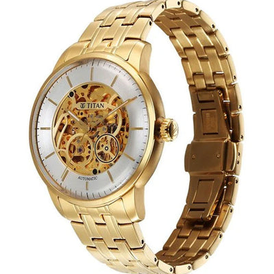 Titan Golden Heart Skeletal Automatic Analog with Silver Dial Yellow Gold Stainless Steel Strap Watch for Men 44mm 90110YM01