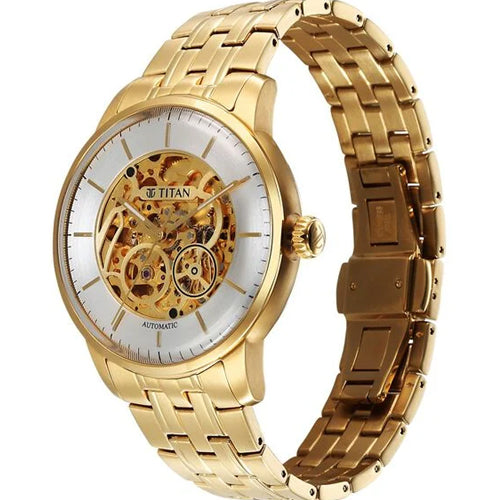 Titan Golden Heart Skeletal Automatic Analog with Silver Dial Yellow Gold Stainless Steel Strap Watch for Men 44mm 90110YM01