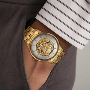 Titan Golden Heart Skeletal Automatic Analog with Silver Dial Yellow Gold Stainless Steel Strap Watch for Men 44mm 90110YM01