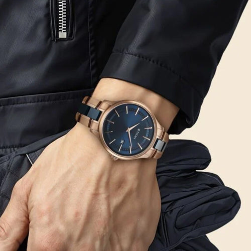 Titan Slim Ceramic Fusion Quartz Analog with Date Blue Dial Stainless Steel Strap Watch For Men 40mm 90142KD03