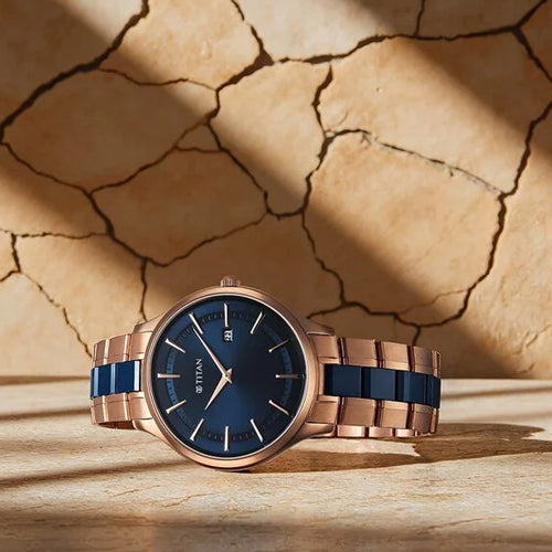 Titan Slim Ceramic Fusion Quartz Analog with Date Blue Dial Stainless Steel Strap Watch For Men 40mm 90142KD03