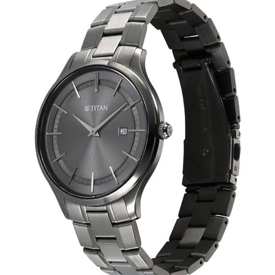 Titan Clasique Slim Quartz Analog with Date Grey Dial With Grey Color Stainless Steel Strap Watch For Men 40mm 90142QM06