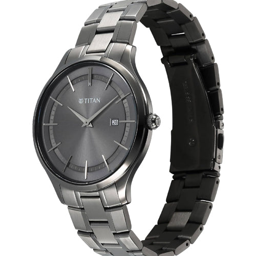 Titan Clasique Slim Quartz Analog with Date Grey Dial With Grey Color Stainless Steel Strap Watch For Men 40mm 90142QM06