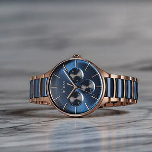 Titan Ceramic Fusion Quartz Multifunction Blue Dial With Two Toned Color Stainless Steel Strap Watch For Men 42mm 90148KD04