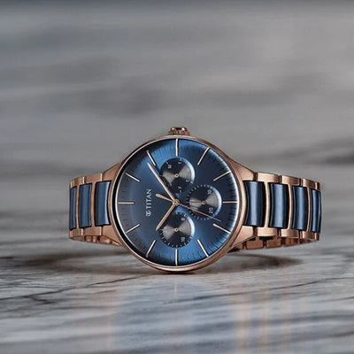 Titan Ceramic Fusion Quartz Multifunction Blue Dial With Two Toned Color Stainless Steel Strap Watch For Men 42mm 90148KD04