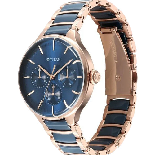 Titan Ceramic Fusion Quartz Multifunction Blue Dial With Two Toned Color Stainless Steel Strap Watch For Men 42mm 90148KD04