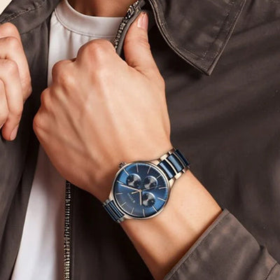 Titan Ceramic Fusion Quartz Multifunction Blue Dial With Two Toned Color Stainless Steel Strap Watch For Men 42mm 90148KD04