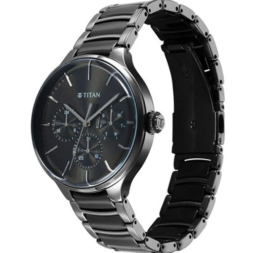 Titan Ceramic Fusion Multifunction Black Round Dial Two Toned Stainless Steel Strap Watch For Men 42mm 90148KD06
