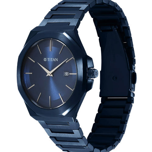 Titan Classic Slim Quartz Analog with Date Blue Dial Stainless Steel Strap Watch for Men 43.5MM 90167QM01