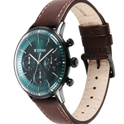Titan Light Leathers Quartz Multifunction Green Dial Leather Strap Watch for Men 42mm 90171NL01