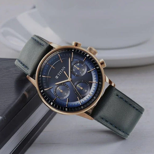 Titan Light Leathers Quartz Multifunction Blue Dial Leathers Strap Watch for Men 42mm 90171WL01