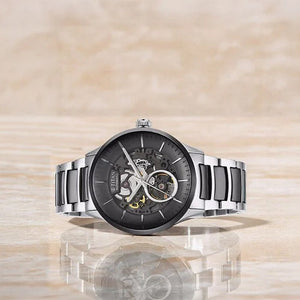 Titan Ceramic Fusion Automatic Black Dial Silver Dual-Toned Stainless Steel Bracelet Watch for Men 42.2mm 90174KD01