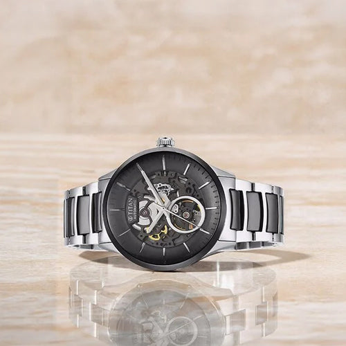 Titan Ceramic Fusion Automatic Black Dial Silver Dual-Toned Stainless Steel Bracelet Watch for Men 42.2mm 90174KD01