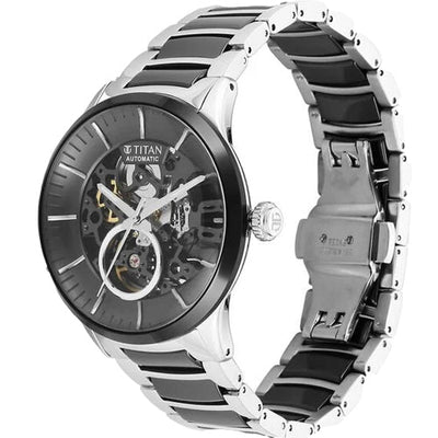 Titan Ceramic Fusion Automatic Black Dial Silver Dual-Toned Stainless Steel Bracelet Watch for Men 42.2mm 90174KD01