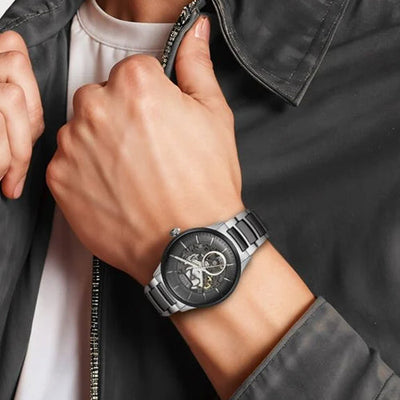 Titan Ceramic Fusion Automatic Black Dial Silver Dual-Toned Stainless Steel Bracelet Watch for Men 42.2mm 90174KD01