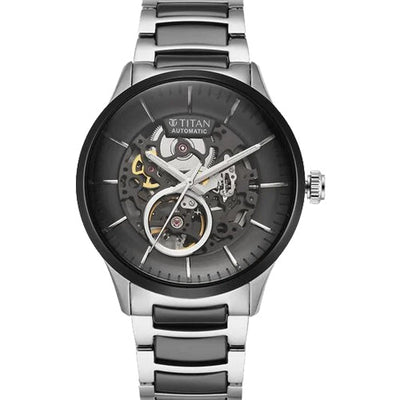 Titan Ceramic Fusion Automatic Black Dial Silver Dual-Toned Stainless Steel Bracelet Watch for Men 42.2mm 90174KD01