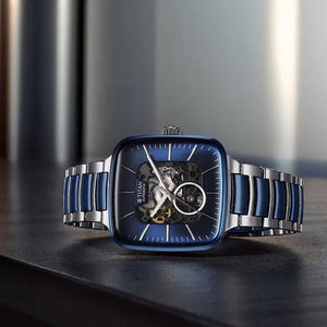 Titan Ceramic Fusion Automatic Square Blue Dial Rose Gold Dual-Toned Stainless Steel Bracelet Watch for Men 39mm 90175KD02