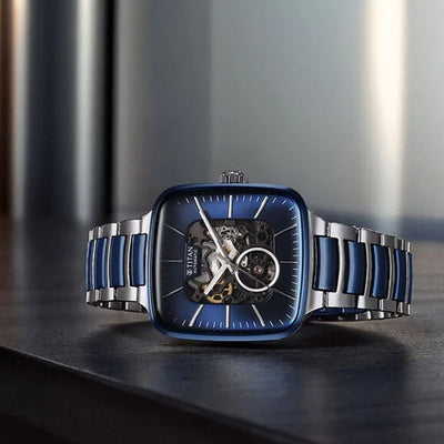 Titan Ceramic Fusion Automatic Square Blue Dial Rose Gold Dual-Toned Stainless Steel Bracelet Watch for Men 39mm 90175KD02
