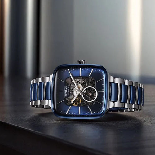 Titan Ceramic Fusion Automatic Square Blue Dial Rose Gold Dual-Toned Stainless Steel Bracelet Watch for Men 39mm 90175KD02