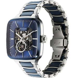 Titan Ceramic Fusion Automatic Square Blue Dial Rose Gold Dual-Toned Stainless Steel Bracelet Watch for Men 39mm 90175KD02