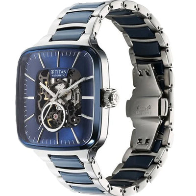 Titan Ceramic Fusion Automatic Square Blue Dial Rose Gold Dual-Toned Stainless Steel Bracelet Watch for Men 39mm 90175KD02
