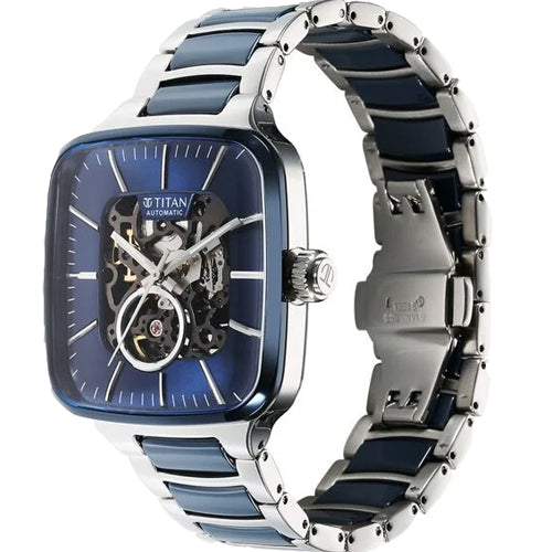 Titan Ceramic Fusion Automatic Square Blue Dial Rose Gold Dual-Toned Stainless Steel Bracelet Watch for Men 39mm 90175KD02