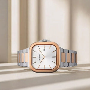 Titan Classique Slim Square Quartz Analog with Date Silver Dial Stainless Steel Strap Watch for Men 41mm 90176KM01