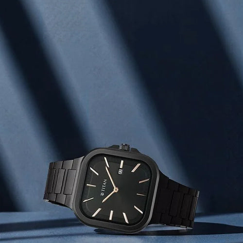Titan Classique Slim Square Quartz Analog with Date Black Dial Stainless Steel Strap Watch for Men 41mm 90176NM01