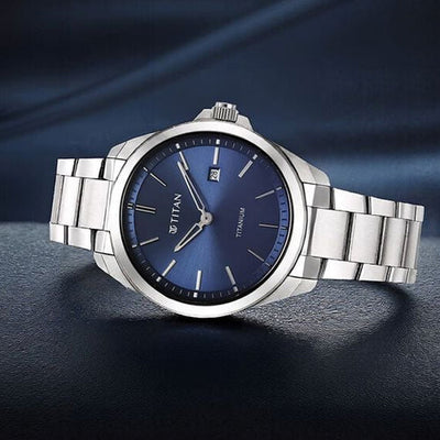 Titan Titanium Quartz Analog Blue Dial Titanium Strap Watch for Men 32mm 90177TM01