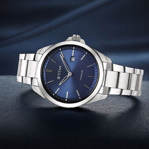 Titan Titanium Quartz Analog Blue Dial Titanium Strap Watch for Men 32mm 90177TM01