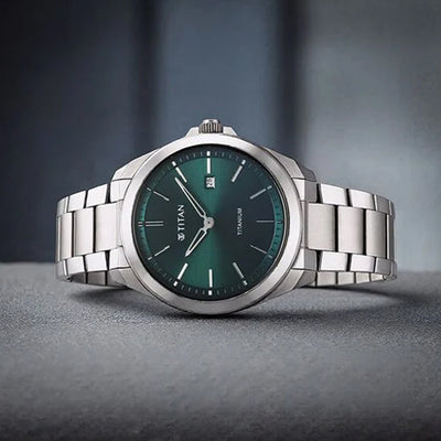 Titan Titanium Quartz Analog Green Dial Titanium Strap Watch for Men 32mm 90177TM02