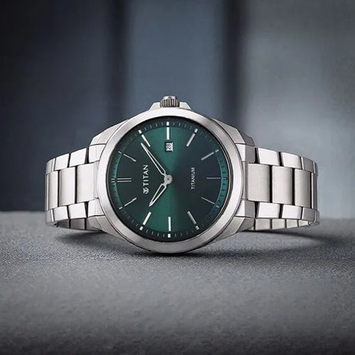 Titan Titanium Quartz Analog Green Dial Titanium Strap Watch for Men 32mm 90177TM02