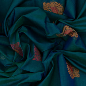 Teal Handloom Kora Silk Cotton Saree With Buttas & Hot Pink Pallu