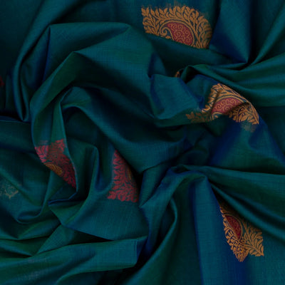 Teal Handloom Kora Silk Cotton Saree With Buttas & Hot Pink Pallu