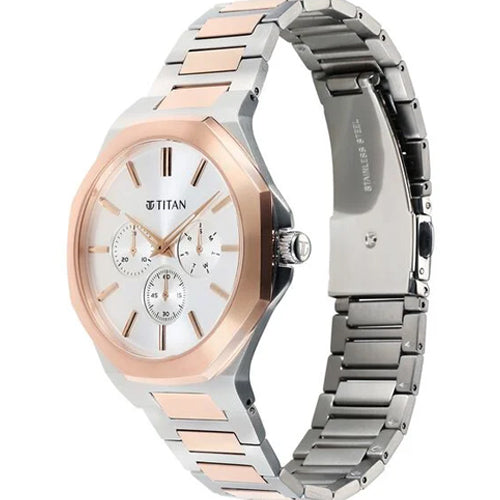 Titan Classic Slim Multifunction Multifunction Silver Dial Multicoloured Stainless Steel Strap Watch For Men 43.5mm 90198KM01