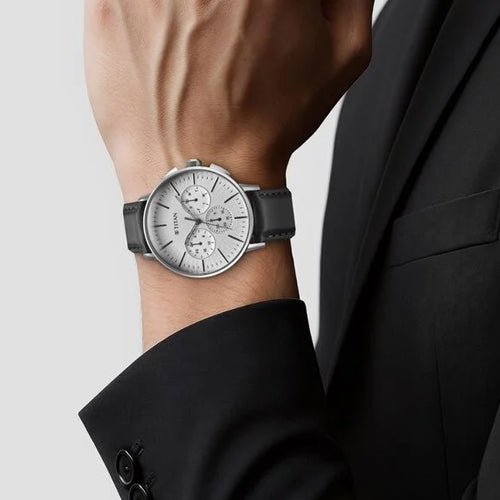 Titan Light leathers Multifunction Silver Dial Leather Strap Watch For Men 41.8mm 90200SL01