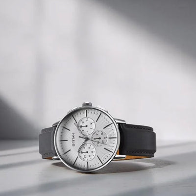 Titan Light leathers Multifunction Silver Dial Leather Strap Watch For Men 41.8mm 90200SL01