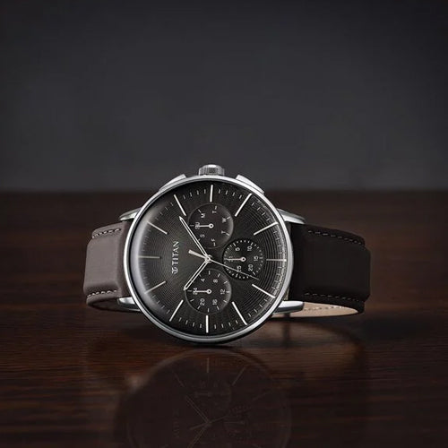 Titan Light leathers Multifunction Anthracite Dial Leather Strap Watch For Men 42mm 90200SL02