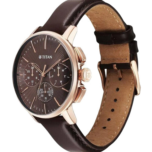 Titan Light leathers Multifunction Brown Dial Leather Strap Watch For Men 42mm 90200WL01