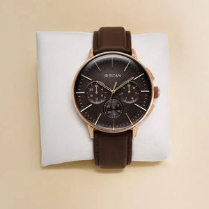 Titan Light leathers Multifunction Brown Dial Leather Strap Watch For Men 42mm 90200WL01