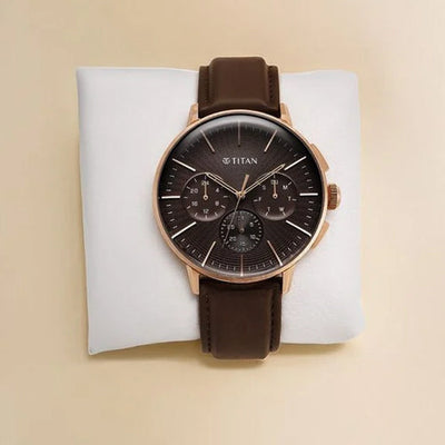 Titan Light leathers Multifunction Brown Dial Leather Strap Watch For Men 42mm 90200WL01