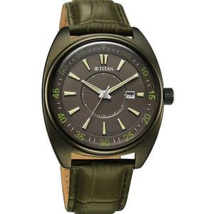 Titan Classique Tonneau Analog with Date and Green Dial Green Leather Strap Watch for Men 42mm 90211QL01