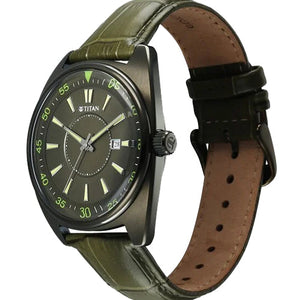 Titan Classique Tonneau Analog with Date and Green Dial Green Leather Strap Watch for Men 42mm 90211QL01