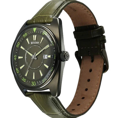 Titan Classique Tonneau Analog with Date and Green Dial Green Leather Strap Watch for Men 42mm 90211QL01
