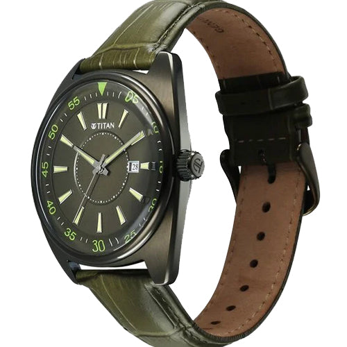 Titan Classique Tonneau Analog with Date and Green Dial Green Leather Strap Watch for Men 42mm 90211QL01