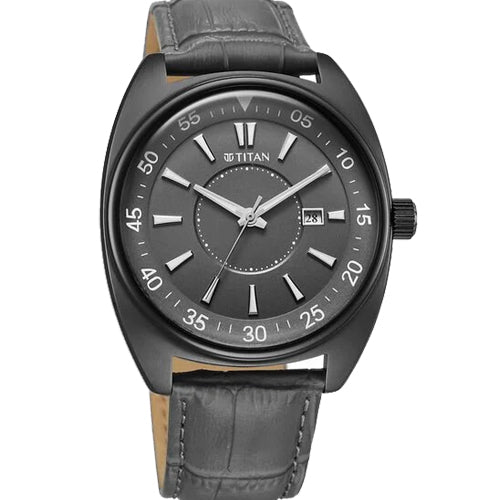 Titan Classique Tonneau Analog with Date and Grey Dial Grey Leather Strap Watch for Men 42mm 90211QL02