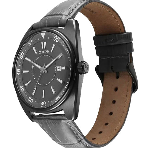 Titan Classique Tonneau Analog with Date and Grey Dial Grey Leather Strap Watch for Men 42mm 90211QL02